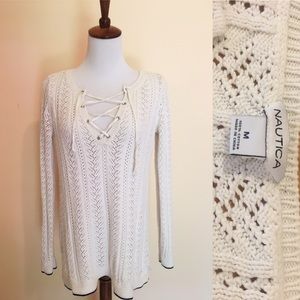 Nautica white lace up knit sweater